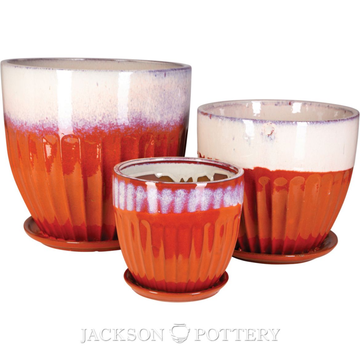 Jackson Pottery Stoll Planter w/ Saucer Set of 3 Gallery Orange